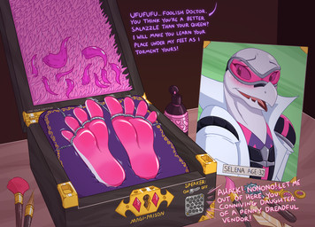 4_toes anthro barefoot bdsm biped blush bondage bound box brush clothed clothing container countershade_feet countershading cushion dialogue eyewear feet female foot_fetish foot_focus forced fully_bound goggles heart_symbol helpless humanoid_feet insult keyhole loose_feather magic name_tag offscreen_character oil plantigrade portal restrained restraints ring rope soles solo speaker spread_toes stocks submissive submissive_female teasing teeth_showing tentacles text tickle_fetish tickle_torture tickling tickling_feet toe_restraints toes topwear torture caroo nintendo pokemon selena_(duckkingxi) generation_7_pokemon pokemon_(species) reptile salazzle scalie 2020 digital_media_(artwork) english_text