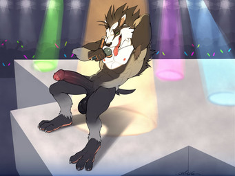 anthro balls big_penis black_body black_fur electronics erection foreskin fur genitals humanoid_genitalia humanoid_penis male microphone nude open_mouth penis rock_out_with_your_cock_out solo stage teeth tongue tongue_out dreiker nintendo pokemon badger generation_8_pokemon mammal mustelid musteline obstagoon pokemon_(species) 4:3 hi_res