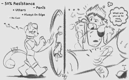 alternate_universe anthro arm_tuft bodily_fluids bottomwear breath bulge clothing digital_glove duo ellipsis genitals genitals_shrinking hands_behind_back humming long_ears long_tail looking_at_genitalia looking_at_object looking_at_penis male note notes page_number panting penis penis_shrinking piano_stool portal protective_suit quiff_(hairstyle) raised_leg shirt short_tail shorts shoulder_tuft sitting solo speech_bubble sweat sweater tail tank_top text topwear transformation transformation_through_technology tuft walking valken_holmes switcher-roo jhon_(jhon's_story) thomas_(thomas's_story) zandriel_(storytale) bovid bovine canid canine caprine cattle felid feline goat mammal 16:10 comic english_text hi_res monochrome watermark widescreen