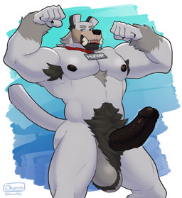 anthro armpit_hair ball_tuft balls big_balls big_penis big_pubes black_nipples black_penis body_hair bone collar collar_only erection flexing fur genitals grey_body grey_fur humanoid_genitalia humanoid_penis looking_at_viewer male muscular muscular_male nipples nude penis pubes red_collar simple_background solo tail text tuft vein veiny_penis churrosolixoso microsoft minecraft mojang xbox_game_studios canid canine canis mammal pale_wolf_(minecraft) wolf wolf_(minecraft) english_text hi_res signature