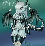 3_fingers anthro big_breasts black_sclera breasts clothed clothing dragon_horn dragon_tail dragon_wings female fingers fusion grey_eyes grey_hair hair hair_over_eye hand_on_hip horn looking_at_viewer not_furry one_eye_obstructed pokemon_fusion pupils simple_background skimpy slit_pupils solo tail text wings kuperseeper mythology nintendo pokemon demon dragon gardevoir generation_3_pokemon humanoid mythological_creature mythological_scalie pokemon_(species) scalie 2021 absurd_res hi_res signature