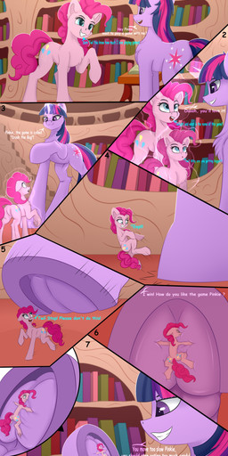 cutie_mark dialogue duo eyelashes female feral grin hooves micro purple_eyes shrinking size_transformation smile stomping text transformation underhoof leon_zi friendship_is_magic hasbro my_little_pony pinkie_pie_(mlp) twilight_sparkle_(mlp) earth_pony equid equine horse mammal pony 2022 absurd_res digital_media_(artwork) english_text hi_res