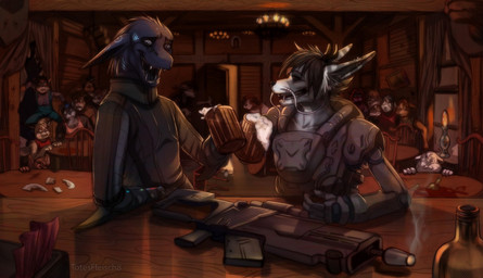 alcohol anthro bar being_watched beverage clothed clothing detailed_background drunk duo ear_piercing fangs group gun holding_object looking_at_another male open_mouth piercing ranged_weapon rifle smile substance_intoxication tankard teeth tongue weapon totesfleisch8 mythology haku_mikiriyami seikman alien canid canine dragon hybrid mammal mythological_creature mythological_scalie reydayz scalie