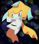 abstract_background ambiguous_gender black_background flying gesture green_eyes hand_gesture happy nude pointing simple_background smile solo star xmu nintendo pokemon generation_3_pokemon humanoid jirachi legendary_pokemon pokemon_(species) 2017 absurd_res hi_res