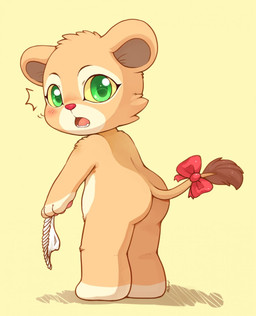 accessory anthro barefoot blush bow_(feature) bow_accessory bow_ribbon butt clothing feet female furgonomics green_eyes holding_clothing holding_object looking_at_viewer looking_back open_mouth panties red_nose ribbons solo standing tail tail_accessory tail_bow tail_ribbon tail_tuft tuft underwear yellow_sclera young young_anthro young_female huiro felid lion mammal pantherine hi_res