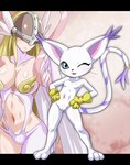 anthro blue_eyes blush breasts clothing duo featureless_breasts featureless_crotch feet female gloves handwear one_eye_closed paws smile toes white_body wink heigani bandai_namco digimon angewomon digimon_(species) gatomon humanoid