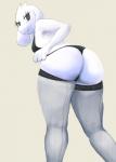 anthro black_eyes boss_monster_(undertale) bovid butt caprine clothed clothing digital_media_(artwork) female fishnet_clothing fur legwear long_ears looking_at_viewer looking_back mammal mature_anthro mature_female punkinillus simple_background smile solo stockings toriel undertale undertale_(series) underwear white_body white_fur