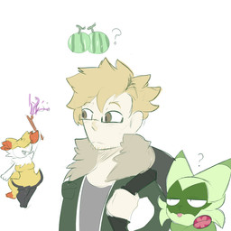 3_fingers anthro backpack blep blonde_hair breasts cheek_tuft clothed clothing cute_fangs dipstick_ears dipstick_tail duo_focus ear_markings eyebrows eyes_closed facial_hair facial_markings facial_tuft fangs featureless_breasts female fingers food fruit fur green_body green_fur grey_body grey_clothing grey_fur grey_shirt grey_topwear group hair half-closed_eyes head_markings inner_ear_fluff jacket light_body light_skin magic_user male markings mask_(marking) melon multicolored_ears narrowed_eyes neck_tuft nude plant question_mark red_body red_fur shirt simple_background stick tail tail_markings teeth tongue tongue_out topwear trio tuft watermelon white_background yellow_body yellow_fur spicykiwi nintendo pokemon braixen canid canine felid feline floragato generation_6_pokemon generation_9_pokemon human mammal pokemon_(species) 1:1 2023 absurd_res hi_res