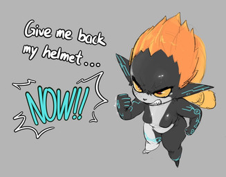 angry black_body blue_markings bodily_fluids breasts dialogue eyelashes featureless_breasts female front_view grey_background grey_body hair humanoid_pointy_ears markings orange_hair pointy_ears red_eyes shortstack simple_background small_breasts snaggle_tooth solo tears text thick_thighs wide_hips yellow_sclera okgaki nintendo the_legend_of_zelda twilight_princess midna humanoid imp twili