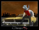 anthro car female on_hood solo tail vehicle hyenatig_(artist) dodge_(brand) dodge_charger canid canine canis domestic_dog husky mammal nordic_sled_dog spitz