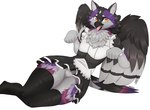 anthro clothing femboy legwear looking_at_viewer maid_uniform male open_mouth open_smile reclining smile solo thigh_highs uniform wings haylapick avian absurd_res hi_res