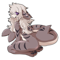 4_toes anthro arm_markings big_tail black_markings black_pawpads breasts butt cute_fangs dorsal_fin ear_markings ears_back eye_through_hair eyebrow_through_hair eyebrows fangs feet female fin fin_markings glistening glistening_body grey_body hair kneeling long_hair long_tail looking_at_viewer looking_back looking_back_at_viewer markings medium_breasts non-mammal_breasts nude pawpads pivoted_ears purple_eyes rear_view shark_tail smile smiling_at_viewer solo tail tail_fin tail_markings teeth thick_thighs toes translucent translucent_hair white_body white_hair gaogomon aquatic fish shark 1:1 hi_res