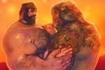 anthro big_muscles big_pecs body_hair collar eyes_closed group holding_partner hug human_on_anthro human_on_humanoid interspecies larger_anthro larger_humanoid male male/male manwiched muscular muscular_anthro muscular_humanoid muscular_male nipples nude pec_smothering pecs sandwiched size_difference smaller_human sunset trio sakkemix final_fantasy final_fantasy_xiv square_enix felid hrothgar human humanoid mammal roegadyn 3:2