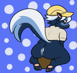 ambiguous_gender anthro big_butt blue_body blue_fur blush bottomless brown_hair butt clothed clothing duo facesitting flat_cap fur hair hat headgear headwear male male/ambiguous pawpads paws pink_nose pink_pawpads purple_eyes raised_tail shirt simple_background sitting_on_another stripes tail tan_clothing topwear white_hair derpaggedon animal_crossing nintendo kicks_(animal_crossing) villager_(animal_crossing) human mammal mephitid skunk striped_skunk absurd_res hi_res