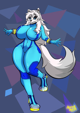 anthro big_breasts breasts clothing female fur on_one_leg skinsuit solo standing thick_thighs tight_clothing white_body white_fur zero_suit asvinkart-34 metroid nintendo canid canine canis mammal wolf absurd_res hi_res