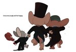 anthro black_tie_(suit) clothed clothing food group hand_holding hat headgear headwear looking_at_another looking_up male partially_clothed simple_background suit walking white_background atori metro-goldwyn-mayer tom_and_jerry jerry_mouse muscles_mouse tuffy_mouse mammal mouse murid murine rodent