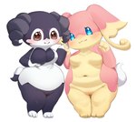 absurd_res anthro audino breasts censored duo female generation_5_pokemon generation_8_pokemon genitals hand_holding hi_res indeedee looking_at_viewer mosaic_censorship navel nintendo pokemon pokemon_(species) presenting presenting_breasts pussy short_stack simple_background standing tlmoyv_1 white_background