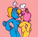 angry anthro anthro_on_anthro blonde_hair blue_body breast_envy breast_grab breast_size_difference breast_squish breasts breasts_frottage comparing comparing_breasts cross-popping_vein duo female female/female hair hand_on_breast hand_on_hip nipples nude open_mouth open_smile pink_background pink_hair simple_background smile squish standing teasing titfight yellow_body chipposter parappa_the_rapper sony_corporation sony_interactive_entertainment um_jammer_lammy katy_kat paula_fox canid canine domestic_cat felid feline felis fox mammal 2022