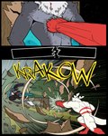 anthro blue_eyes blue_wings breaking_wall duo fur grey_body grey_fur hair male onomatopoeia plant punch sound_effects text through_wall tree white_hair wings 60percentscalie dovak vauruk bat demon mammal comic hi_res