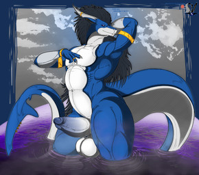 4_fingers anthro athletic balls bedroom_eyes belly biceps big_balls big_tail black_hair blue_body blue_skin bracelet claws clothed clothing feathers fingers front_view genitals hair hand_behind_head horn huge_tail humanoid_genitalia humanoid_penis inviting jewelry long_hair long_torso looking_at_viewer male markings melee_weapon mostly_nude muscular muscular_anthro muscular_male narrowed_eyes navel nude outside penis pose purple_eyes scales seductive smile solo standing stretching tail text thick_tail thick_thighs topless water weapon wet white_balls white_belly white_body white_penis white_skin wide_hips clerian mythology sinnohir dragon mythological_creature mythological_scalie scalie absurd_res alpha_channel hi_res url
