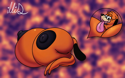 anthro big_breasts black_ears black_nipples black_nose breast_squish breasts eyelashes female freckled_face freckles hand_on_breast huge_breasts hyper hyper_breasts long_ears narrowed_eyes nipples orange_body sitting solo squish tongue tongue_out illis duck_hunt nintendo duck_hunt_dog canid canine canis domestic_dog mammal 2020 digital_drawing_(artwork) digital_media_(artwork) hi_res signature