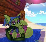 2018 anthro armwear beach bedroom_eyes big_breasts big_butt bikini blue_sky breasts butt canid canine canis cartoon_network chihuahua clothing cloud courage_the_cowardly_dog cowl detailed_background domestic_dog ear_piercing elbow_gloves eyelashes female fortune_teller fur gloves gloves_only green_body green_eyes green_fur gypsy half-closed_eyes handwear handwear_only heterochromia hood looking_at_viewer lying mammal markings mature_female mole_(marking) mostly_nude narrowed_eyes on_front on_towel orange_eyes outside pattern_bikini pattern_clothing pattern_swimwear piercing sand seaside seductive shirley_the_medium signature sky smile solo striped_bikini striped_clothing striped_swimwear stripes swimwear towel toy_dog two-piece_swimsuit vehicle wagon wide_hips wolftangart