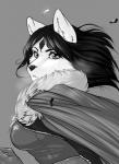 anthro black_hair black_nose female fur grey_eyes hair solo white_body white_fur lilyness dema canid canine canis mammal wolf hi_res