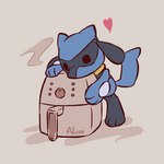 air_fryer ambiguous_gender anthro appliance dot_eyes grey_background heart_symbol hug kitchen_appliance shadow simple_background solo standing steam advos nintendo pokemon generation_4_pokemon pokemon_(species) riolu 1:1 2024 signature