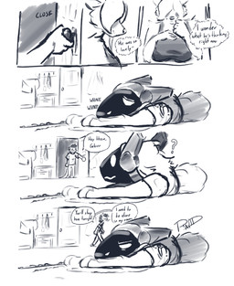 annoyed anthro blush clothing covered_eyes dialogue duo female feral hair machine male pet_protogen solo text worried_look ravid_anml ghirr_firewire_mertens_(ravid_anml) nora_seulis_(ravid_anml) tobias_hecaucatl_(ravid_anml) american_opossum canid canine canis mammal marsupial protogen wolf absurd_res comic english_text hi_res monochrome sketch