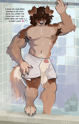 4_toes anthro armpit_hair balls bathing body_hair brown_body brown_fur brown_hair claws dialogue erection feet floppy_ears foreskin front_view fur genitals hair humanoid_genitalia humanoid_penis inviting male muscular muscular_anthro muscular_male nipples pecs penis seductive shower showering solo standing text toes towel towel_around_waist towel_only water wet hornyyawnss sam_hansen canid canine canis domestic_dog mammal absurd_res english_text hi_res