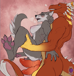 2_penises anthro back_muscles big_breasts blue_eyes blush bodily_fluids breasts drooling duo female from_behind_position fur genitals grey_body grey_fur horn horn_jewelry jewelry leg_grab male male/female multi_genitalia multi_penis muscular muscular_female muscular_male nipples pawpads paws penis saliva scar sex smile stand_and_carry_position standing standing_sex thigh_grab vulva kaislair mythology tharion_(blackinkwolf) yuki_(blackinkwolf) canid canine canis dragon mammal mythological_creature mythological_scalie scalie wolf