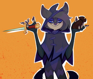anthro blue_sclera cloak clothing dagger female holding_object holding_weapon hoodie melee_weapon outline solo topwear weapon white_outline lenyavok oriana_thaffer canid canine canis mammal wolf 2021 absurd_res hi_res