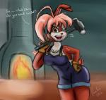 anthro breasts cleavage clothed clothing dialogue female fire fur hair hammer overalls pink_hair red_body red_fur solo text tools thebmeister dust:_an_elysian_tail haley_(elysian_tail) lagomorph leporid mammal rabbit 2016 absurd_res english_text hi_res