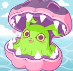 ambiguous_gender blush cloud cute_fangs fangs feral green_body heart_symbol looking_at_viewer open_mouth sea seashell shell sky skyscape solo teeth water yellow_eyes driosawm bandai_namco digimon bivalve clam digimon_(species) marine mollusk syakomon 2020 hi_res