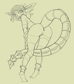 anthro anus butt clothing facial_piercing feet female genitals hair hat hat_only headgear headgear_only headwear headwear_only horn looking_back mostly_nude nose_piercing nose_ring nude open_mouth open_smile piercing raised_tail ring_piercing simple_background smile soles solo tail tail_anus teeth vulva wings triggerpigart deadlock_(game) valve valve_corporation ivy_(deadlock) gargoyle 2025 hi_res monochrome