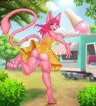 accessory anthro barefoot blue_eyes clothed clothing dessert dress feet female food fur furgonomics genitals gesture hair hand_gesture ice_cream long_tail no_underwear paws pink_body pink_fur pink_hair pointing pussy reaching_towards_viewer solo sundress tail tail_accessory tail_tuft tuft upskirt nliiz nintendo pokemon nimi(yourmewfriend) felid feline generation_1_pokemon legendary_pokemon mammal mew_(pokemon) pokemon_(species) absurd_res hi_res