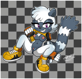 anthro anus areola big_breasts black_clothing black_gloves black_handwear black_nose border bottomless breasts checkered checkered_background clothed clothing eyelashes female female_anthro fingerless_gloves footwear fur genitals gloves grey_background grey_body grey_fur handwear head_tuft looking_at_viewer markings navel nipples pattern_background pink_areola pink_nipples pink_vulva purple_eyes raised_clothing raised_topwear shoes simple_background sitting smile solo spread_legs spreading striped_markings striped_tail stripes tail tail_markings topwear tuft vulva white_body white_border white_fur yellow_clothing yellow_footwear yellow_shoes yellow_topwear spindasher98 idw_publishing sega sonic_the_hedgehog_(comics) sonic_the_hedgehog_(idw) sonic_the_hedgehog_(series) tangle_the_lemur lemur mammal primate ring-tailed_lemur strepsirrhine absurd_res hi_res