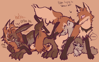 female female_penetrated feral fur furgonomic_strapon group group_sex interspecies male male/female male_penetrating male_penetrating_female moan orange_body orange_fur orgy penetration sex strapon tan_body tan_fur text toony wispyvixen canid canine fox mammal red_fox true_fox 2023 english_text hi_res indirect_incest_(lore)