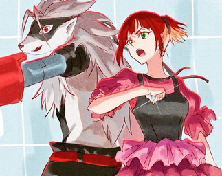 anthro clothing cybernetics dress duo female fur grey_body grey_fur hair machine mask mechanical_arm ponytail red_hair st14_kr010 bandai_namco digimon digimon_beatbreak reina_sakuya cyborg digimon_(species) human mammal wolvermon