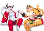 abs anthro bell blush bulge christmas_clothing clothed clothing countershading drinking drunk duo fake_antlers fake_horns fur hand_fan holidays male mask muscular muscular_anthro muscular_male nipples orange_body orange_fur pecs skimpy striped_body striped_fur stripes substance_intoxication superhero white_body white_fur kalonezhno christmas cygames lifewonders live_a_hero world_flipper nimbus_(world_flipper) ryekie_(live_a_hero) felid mammal pantherine tiger crossover hi_res