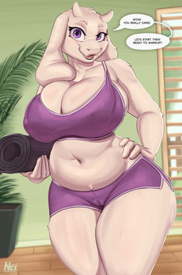 anthro belly big_breasts biped black_text bottomwear bra breasts camel_toe cleavage clothed clothed_anthro clothed_female clothing curvy_figure dialogue dolphin_shorts eyebrows eyelashes female female_anthro fingers floor floppy_ears front_view fur genital_outline hand_on_hip hand_on_own_hip holding_object horn hotpants huge_breasts humanoid_hands inside linked_speech_bubble long_ears looking_at_viewer lop_ears mature_anthro mature_female midriff monotone_body monotone_fur navel nipple_outline open_mouth open_smile pink_tongue plant plant_pot potted_plant pupils purple_bottomwear purple_bra purple_clothing purple_eyes purple_shorts purple_sports_bra purple_underwear shorts slightly_chubby slightly_chubby_anthro slightly_chubby_female smile solo speech_bubble sports_bra talking_to_viewer text thick_thighs tight_clothing tongue topwear underwear voluptuous voluptuous_anthro voluptuous_female vulva_outline wall_(structure) white_body white_eyebrows white_fur white_horn white_sclera wide_hipped_anthro wide_hipped_female wide_hips yoga_mat yoga_shorts conditional_dnp nexcoyotlgt undertale_(series) toriel bovid caprine goat mammal 2025 english_description english_text hi_res portrait three-quarter_portrait