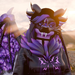 anthro beanie clothing fangs female fur hat headgear headwear horn jewelry piercing purple_body purple_fur purple_horn purple_scales scales solo teeth wings hvllhnd mythology jace_rodyn dragon mythological_creature mythological_scalie scalie 1:1 3d_(artwork) digital_media_(artwork) portrait watermark