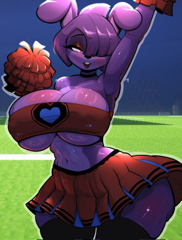 anthro big_breasts biped bottomwear breasts cheerleader cheerleader_outfit clothed clothed_female clothing female female_anthro fur hair legwear navel purple_body purple_fur purple_hair raised_arm red_bottomwear red_clothing red_skirt skirt solo foxgumie five_nights_at_freddy's fredina's_nightclub microsoft minecraft mojang scottgames xbox_game_studios bonfie_(cryptiacurves) bonnie_(fnaf) lagomorph leporid mammal rabbit 2026 hi_res