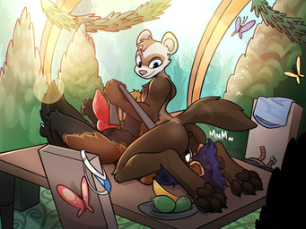 animal_genitalia animal_penis anthro balls blue_hair brown_body brown_fur brown_pawpads butt canine_genitalia canine_penis duo erection facesitting facial_markings fur furniture genitals hair head_markings knot leash leash_pull male male/male markings mask_(marking) nude on_table pawpads paws penis sitting_on_another table xing1 domestic_ferret hyena mammal mustelid musteline true_musteline weasel 4:3 hi_res