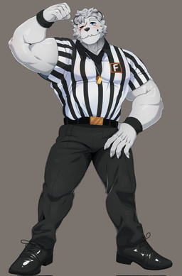 anthro barazoku belt belt_buckle black_belt black_bottomwear black_clothing black_pants black_short black_stripes black_wristband blue_eyes bottomwear buckle claws clothing collared_shirt facial_hair facial_scar finger_claws flexing flexing_bicep forearm_muscles fur gold_belt_buckle grey_hair hair male muscular muscular_anthro muscular_male mustache pants pattern_clothing pattern_shirt pattern_topwear polo_shirt referee scar shirt simple_background snout snout_scar solo standing striped_clothing striped_shirt striped_topwear stripes topwear whistle_around_neck white_body white_clothing white_fur white_shirt white_topwear wristband nekogaki0324 furst_class sebastian_(nekogaki0324) bear mammal polar_bear ursine 2025 hi_res