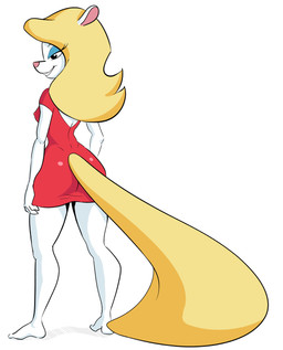 anthro backless_clothing backless_dress barefoot big_tail biped blonde_hair blue_eyeshadow butt clothing dress eyeshadow feet female fur hair looking_aside lowered_tail makeup pink_nose presenting presenting_hindquarters rear_view red_clothing red_dress simple_background smile solo standing tail white_background white_body white_fur yellow_tail rippledraw animaniacs warner_brothers minerva_mink mammal mink mustelid musteline true_musteline 2020 full-length_portrait hi_res portrait source_request unavailable_at_source