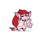 :3 anthro big_hair biped breasts clothing female gesture green_eyes hair hand_gesture long_hair looking_at_viewer red_body red_hair red_tail scar smile smug solo tail tail_tuft thumbs_up tuft two_tone_tail whiskers white_body white_clothing white_ears white_tail conditional_dnp welwraith voices_of_the_void argemia alien ariral felid feline mammal 2023