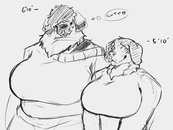 anthro big_breasts breasts closed_smile clothed clothing duo ear_piercing ear_stud female female_anthro floppy_ears front_view huge_breasts looking_aside mouth_closed overweight overweight_anthro overweight_female piercing smile standing jezzlen beth_(mcdoogiy) mollie_(jezzlen) canid canine canis domestic_dog mammal monochrome sketch