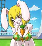 anthro big_breasts blonde_hair blush breasts carrot clothing female food fur hair looking_at_viewer open_mouth outside plant seductive sky smile solo vegetable white_body white_fur cardinalcrowbar zerosite one_piece carrot_(one_piece) lagomorph leporid mammal minkmen_(one_piece) rabbit 2017 hi_res