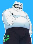 anthro belly big_belly black_nose blue_background bottomwear clothing humanoid_hands kemono male moobs navel nipples overweight overweight_male pants simple_background solo white_body neiiio bear mammal polar_bear ursine 2022 hi_res